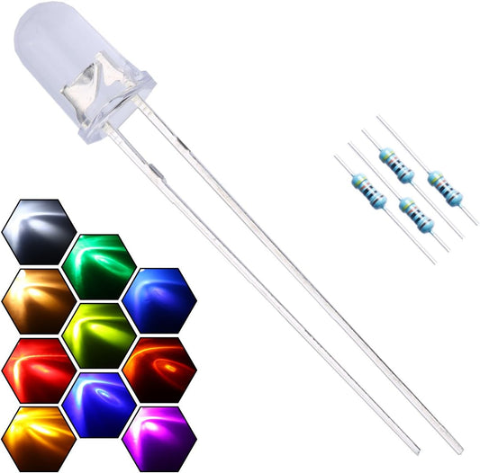 200Pcs 10 Colors X 20Pcs 5Mm LED Light Emitting Diode Assorted Kit 29Mm Lead Clear round Lamp White Red Blue Green Yellow UV Bright Leds Bulb +300Pcs Resistors for DC 6-12V Lights