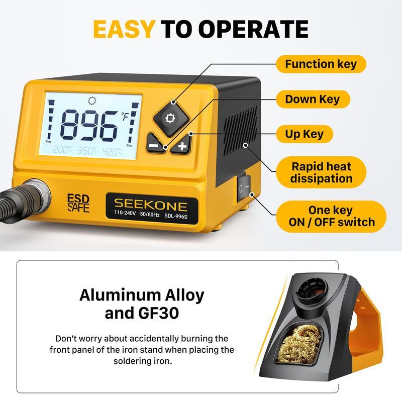 SEEKONE 60W Soldering Station 356°F to 896°F Soldering Iron Station with 5 Extra Iron Tips, ESD Safe, 3 Preset Channels, °C/ºf Conversion, Auto Sleep, Calibration Support & Power-On Memory