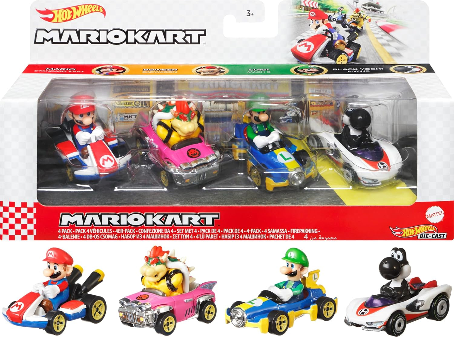Mario Kart Set of 4 Die-Cast Toy Cars with Attached Character Drivers, Includes Black Yoshi (Amazon Exclusive)