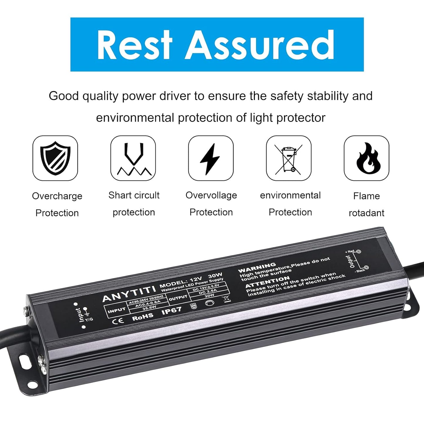 LED Driver,Led Power Supply IP67 Waterproof Output 30W DC12V 2.5A 3-Prong Plug 4.5Feet (12V 30W)