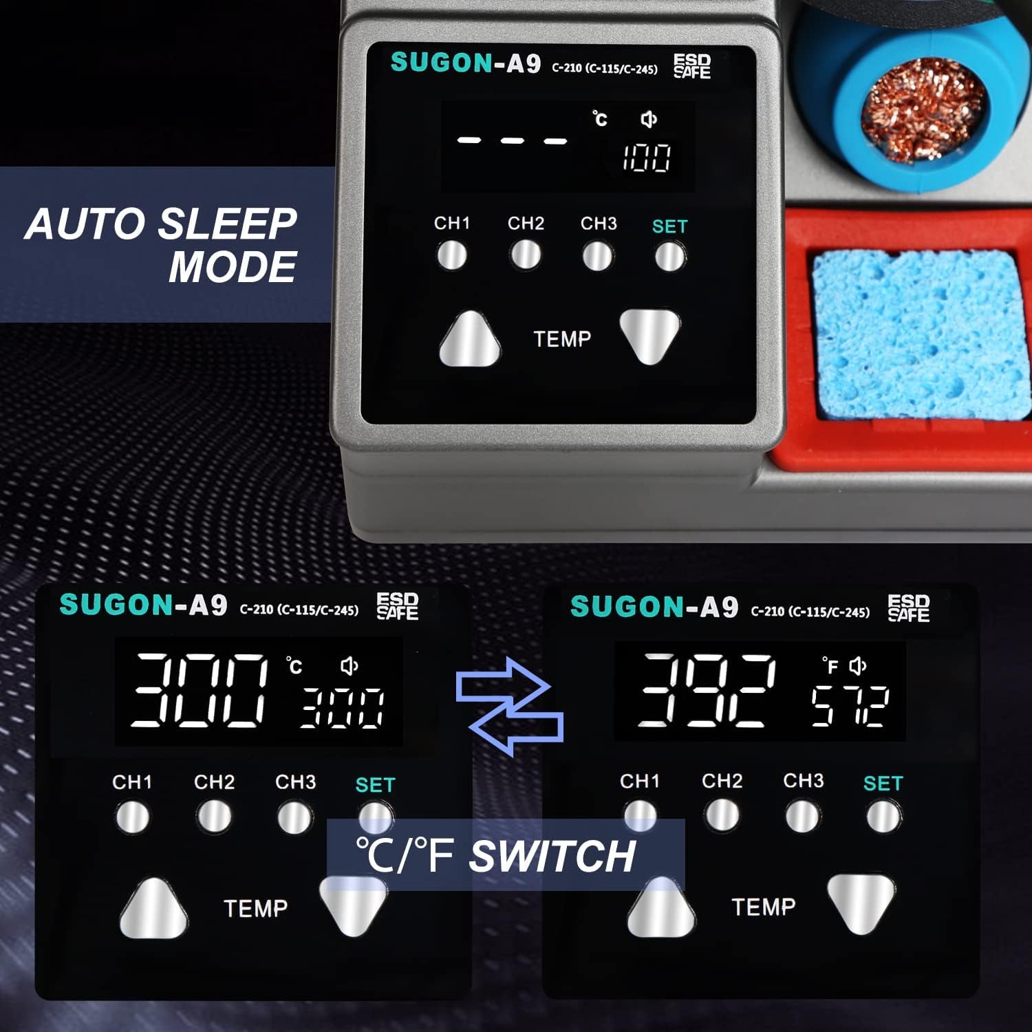 A9 Precision Soldering Station, Fast Heating to 716°F in 2 Seconds, 120W Soldering Iron Station Kit with 6 Soldering Iron Tip, 3 Preset Temperature，212-842℉, ℃/℉，Soldering Iron Replacement Rack