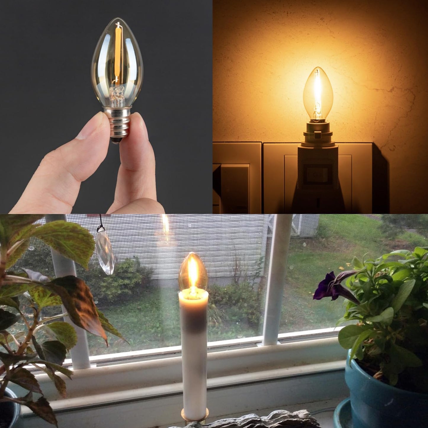 C7 LED Night Light Bulb, Classical Edison Style E12 Candle Base, 0.5 Watts LED Filament Bulb, Sign Light Replacement Bulb, 4W 5W Equivalent, Ultra Warm White 2200K Amber Glass, 50Lm, Pack of 2