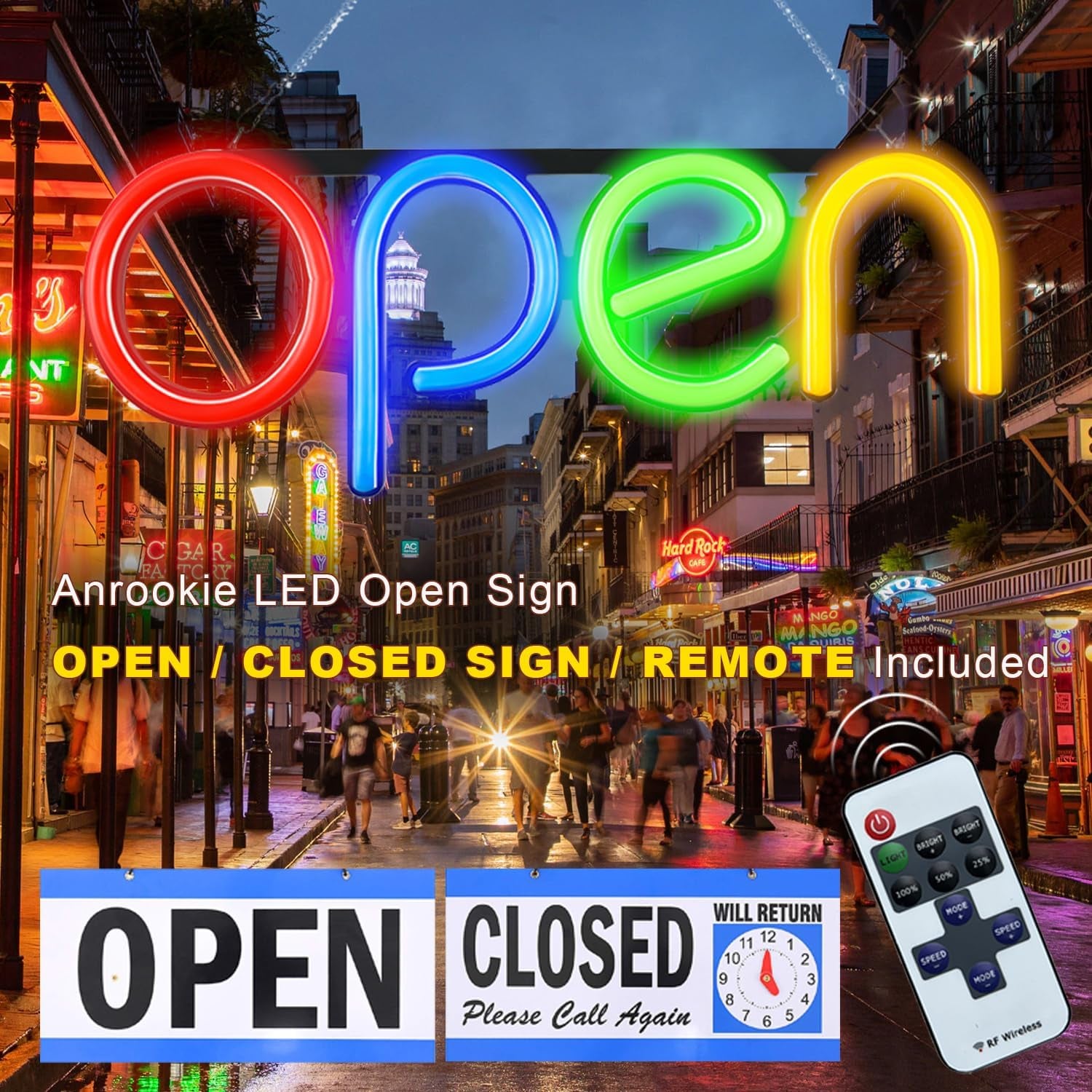 LED Open Sign,16X6 Inch Open Signs for Business Window,With Multiple Flashing Modes, Ideal for Restaurant, Bar, Salon and More,24V/1A Power Supply，With Open/Close Sign (Red Blue Green Orange)