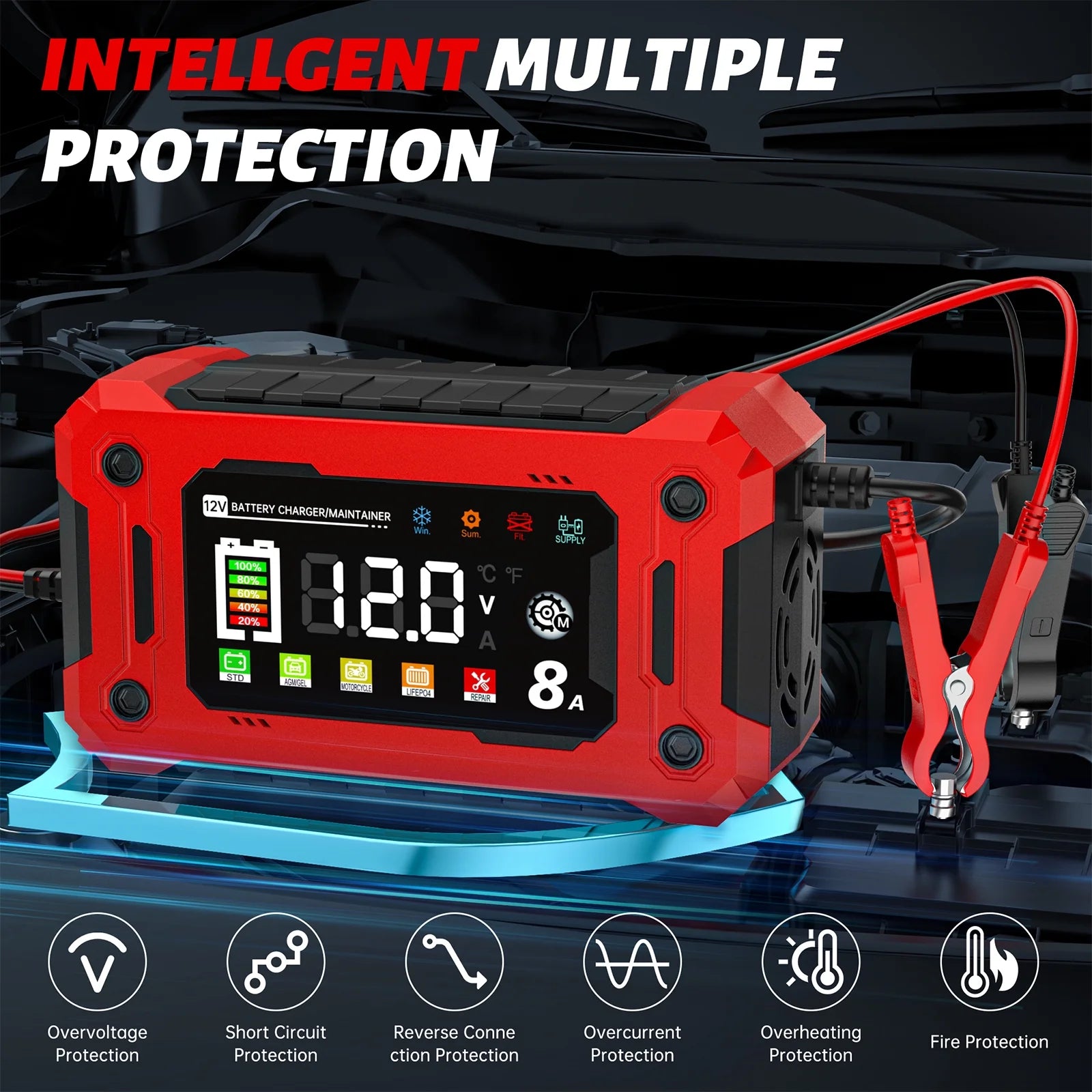 Car Battery Charger, Colorful 12V 8A Smart Battery Trickle Charger Automotive 12V Battery Maintainer Desulfator with Temperature Compensation for Car Truck Motorcycle Lawn Mower Marine