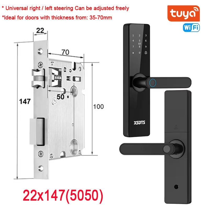 Tuya Wifi Electronic Smart Door Lock with Biometric Fingerprint / Smart Card / Password / Key Unlock/ USB Emergency Charge