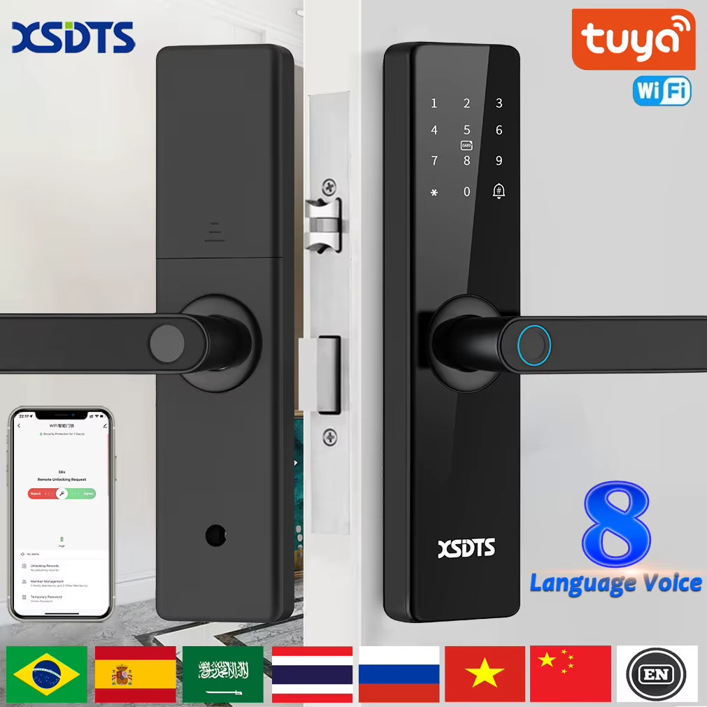 Tuya Wifi Electronic Smart Door Lock with Biometric Fingerprint / Smart Card / Password / Key Unlock/ USB Emergency Charge