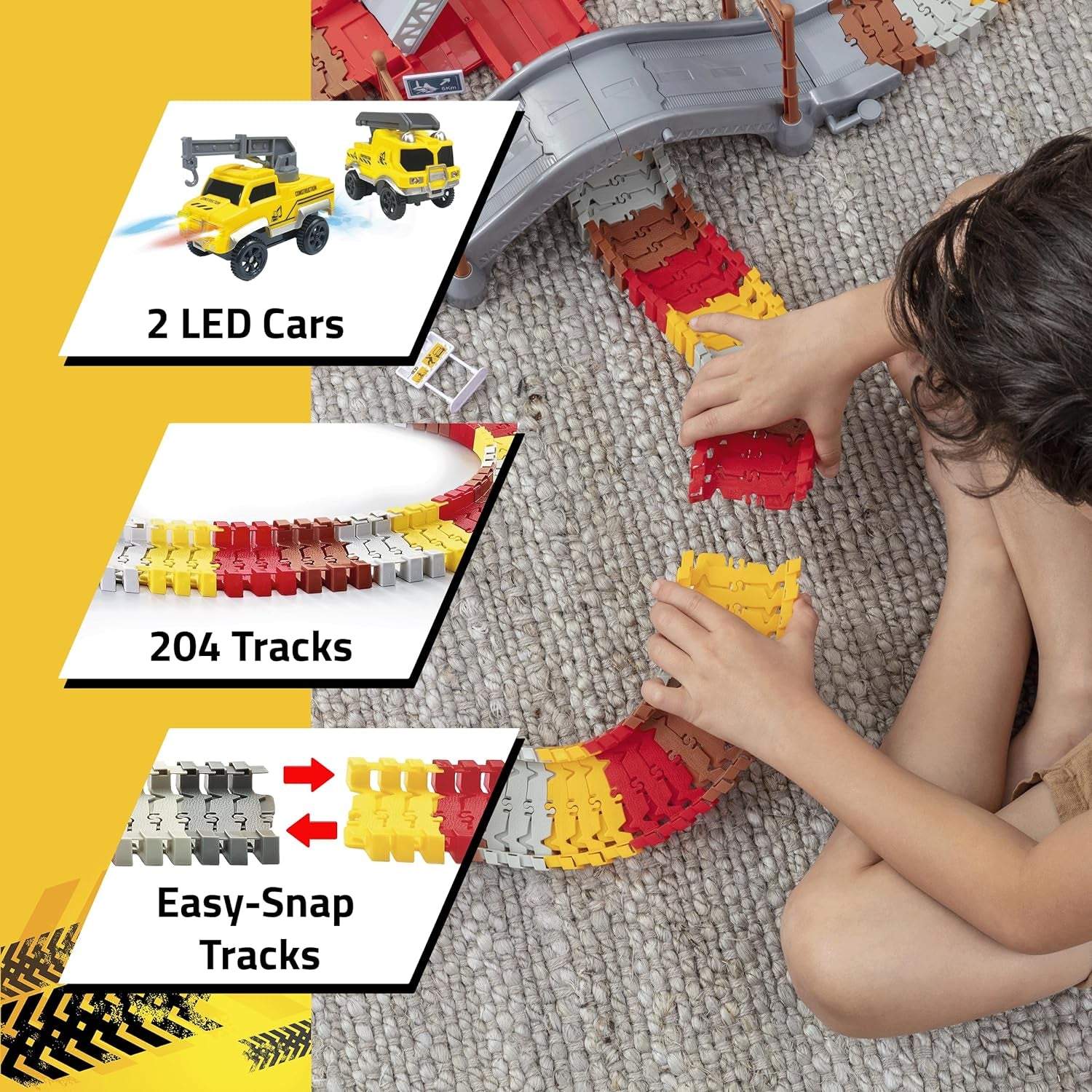 Snap Trax Construction Set Race Tracks and LED Toy Cars - 251 Pk STEM Building Toys Car Race Tracks Set with Bendable Race Car Track for Boys Girls, 3 Trucks, and 2 Light up Toy Cars for Kids