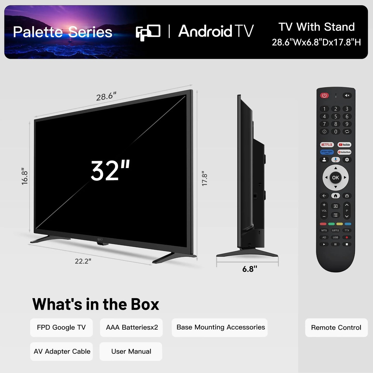 32 Inch Smart TV, HD Android TV with Google Play Built in Chromecast, Dolby Audio, Hdr 10, Flat Television with Assistant Voice Control