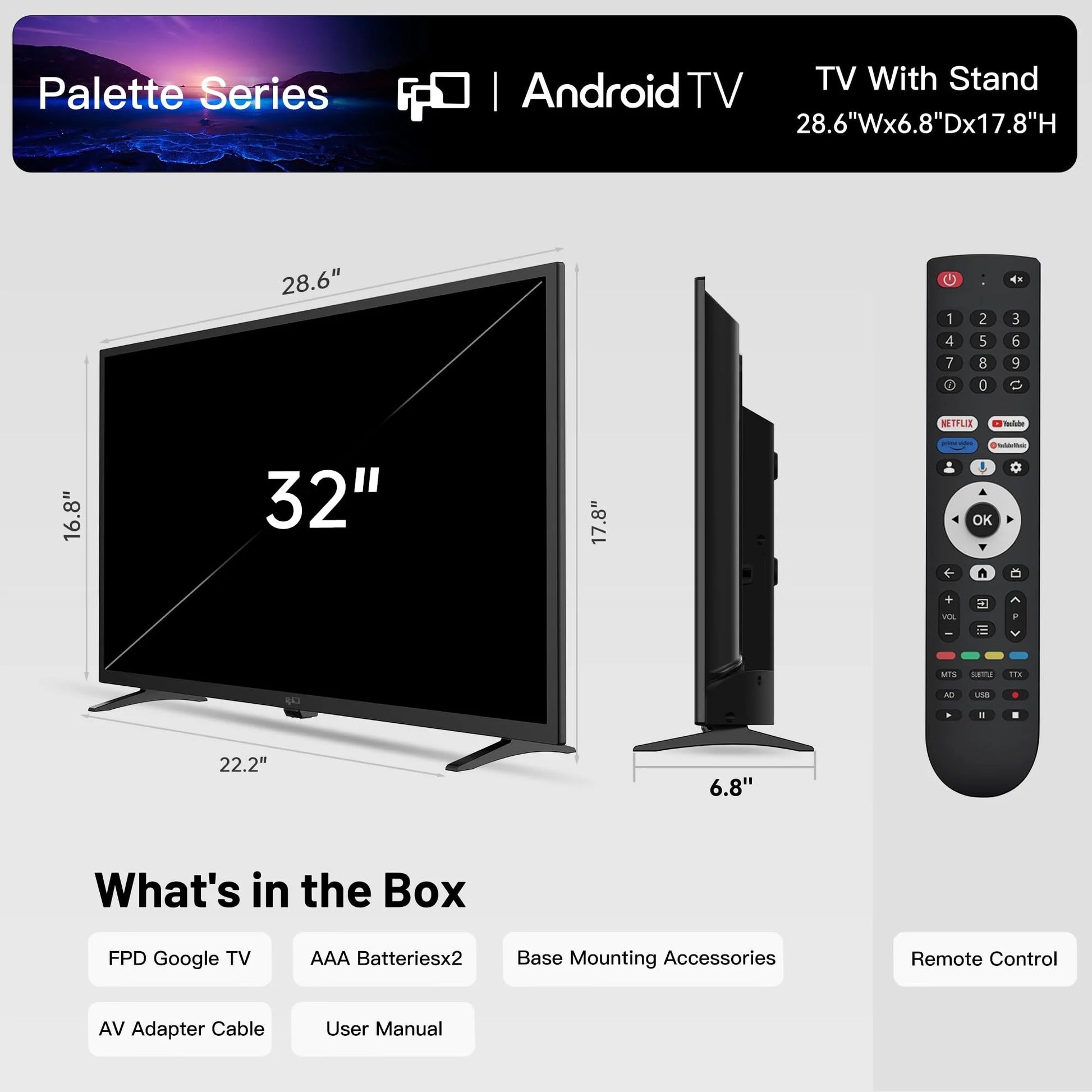 32 Inch Smart TV, HD Android TV with Google Play Built in Chromecast, Dolby Audio, Hdr 10, Flat Television with Assistant Voice Control