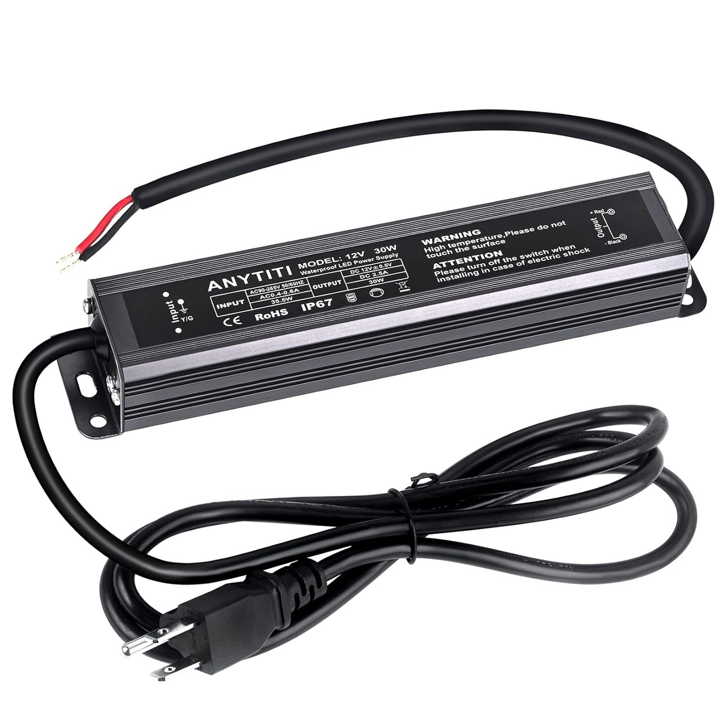 LED Driver,Led Power Supply IP67 Waterproof Output 30W DC12V 2.5A 3-Prong Plug 4.5Feet (12V 30W)