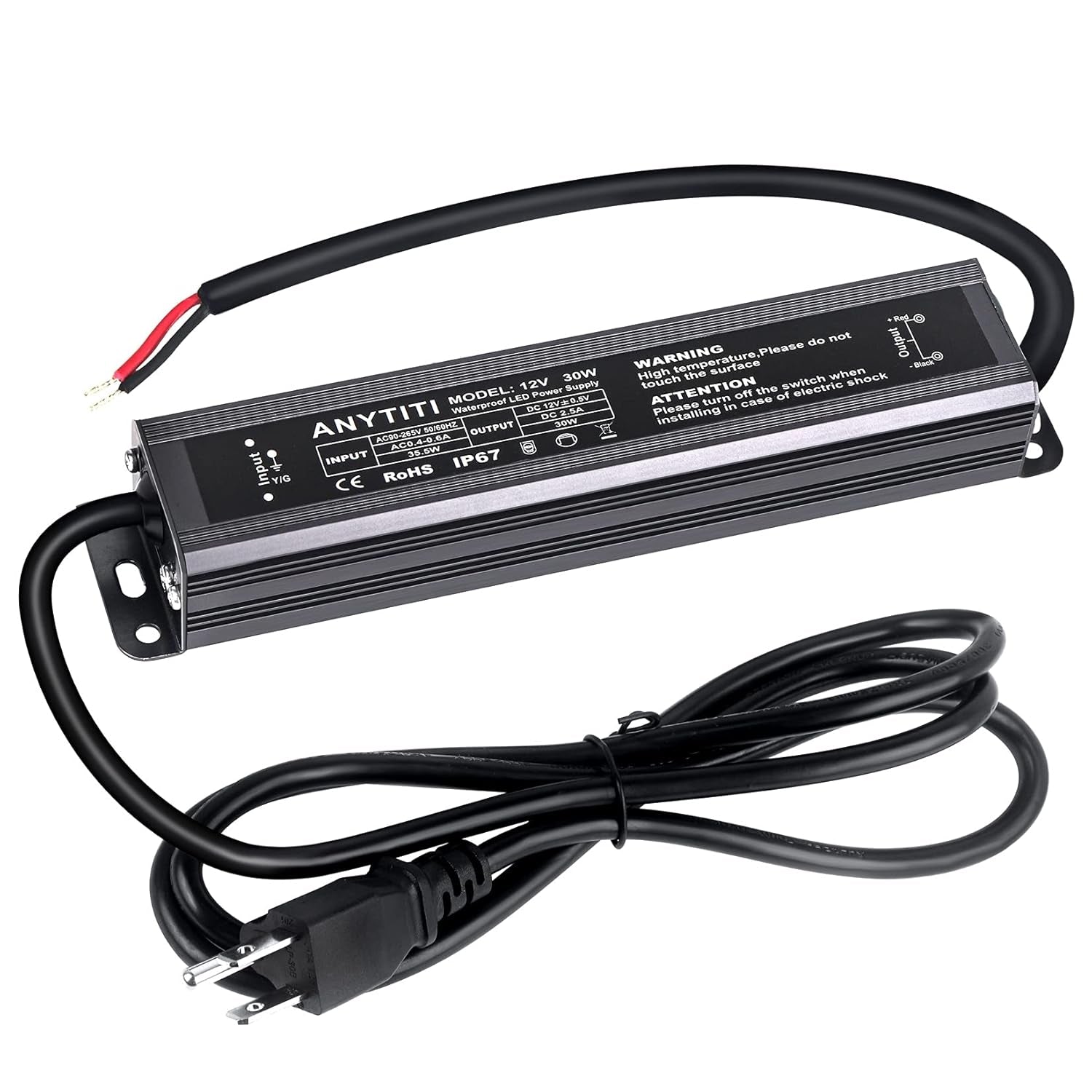 LED Driver,Led Power Supply IP67 Waterproof Output 30W DC12V 2.5A 3-Prong Plug 4.5Feet (12V 30W)