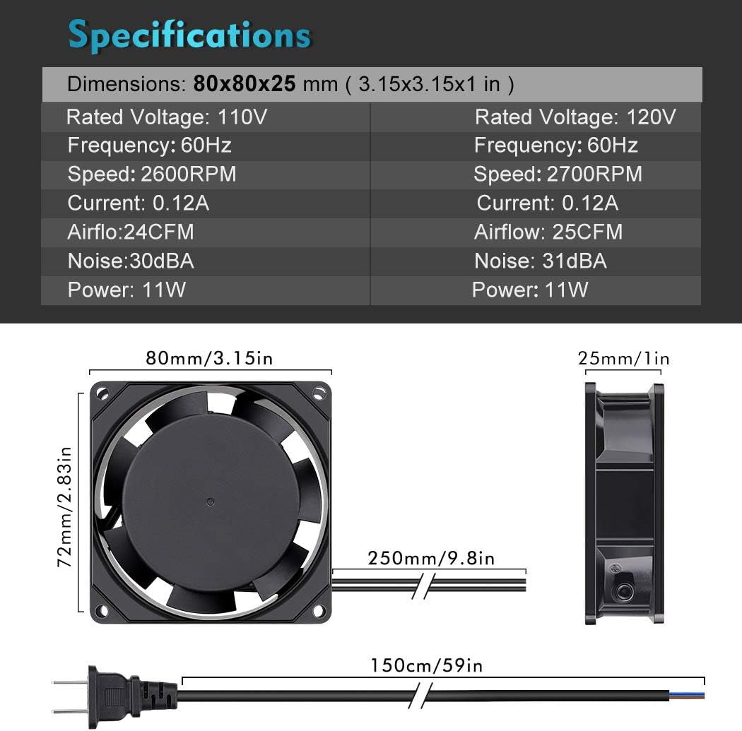 AC Axial Fan 110V 120V 80Mm X 25Mm Ventilation Exhaust Fan with AC Plug, for DIY Cooling Projects