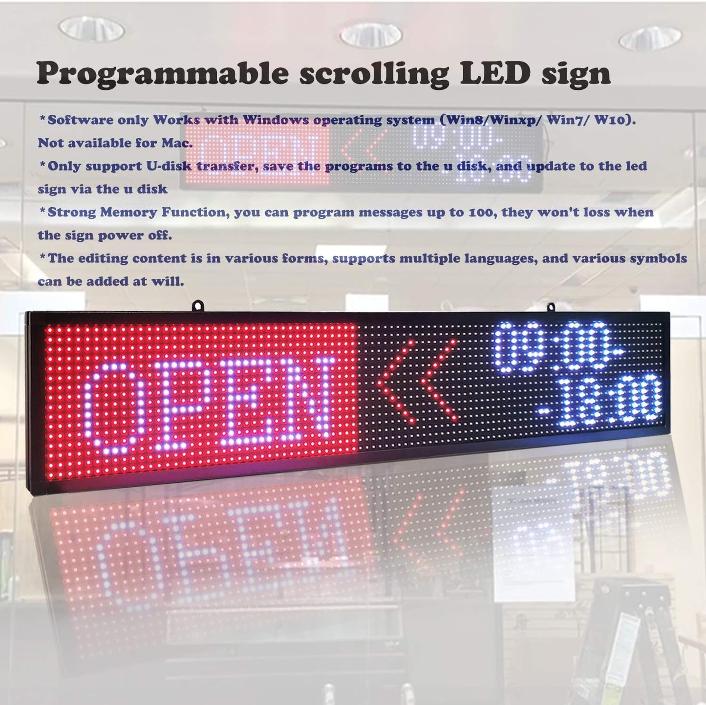 Programmable LED Sign P10 LED Display 39" X 7.5" Full Color Programmable Message Board with High Resolution LED Scrolling Display for Advertising