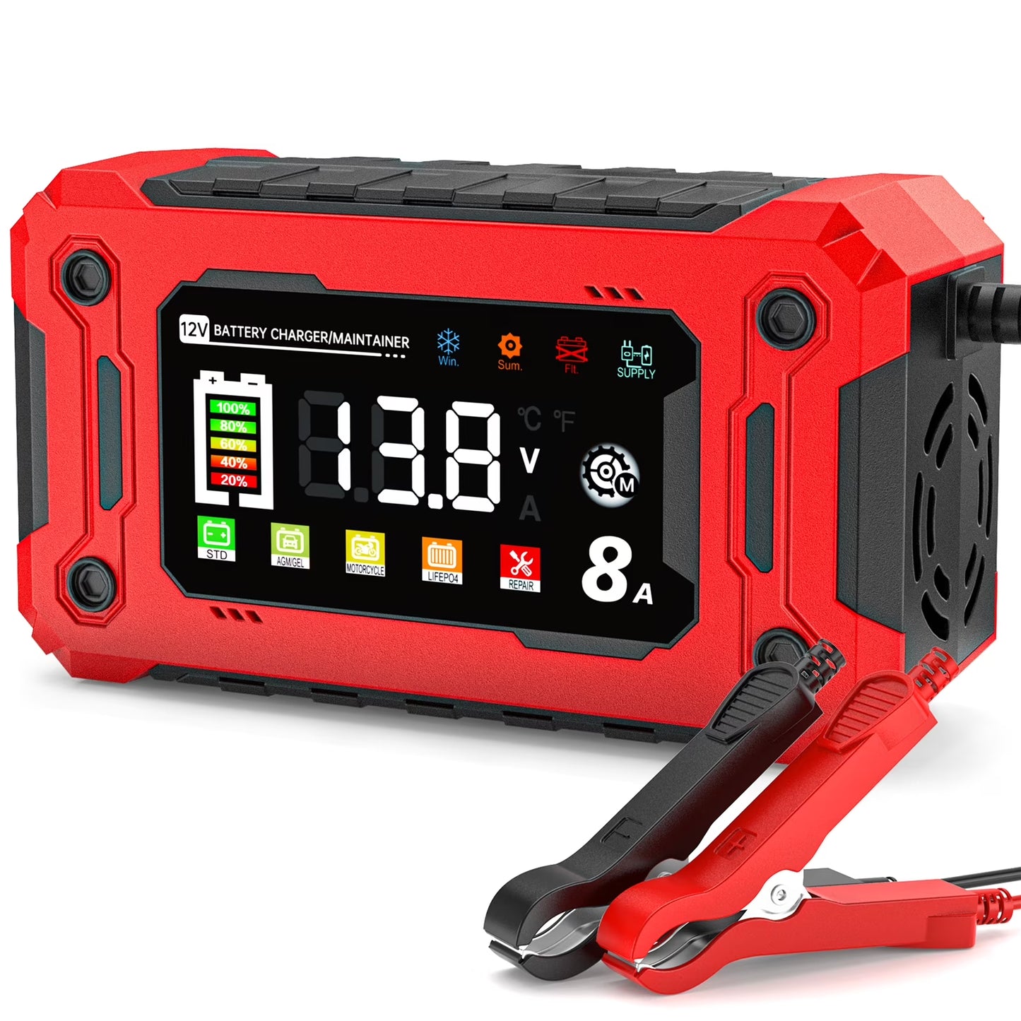 Car Battery Charger, Colorful 12V 8A Smart Battery Trickle Charger Automotive 12V Battery Maintainer Desulfator with Temperature Compensation for Car Truck Motorcycle Lawn Mower Marine