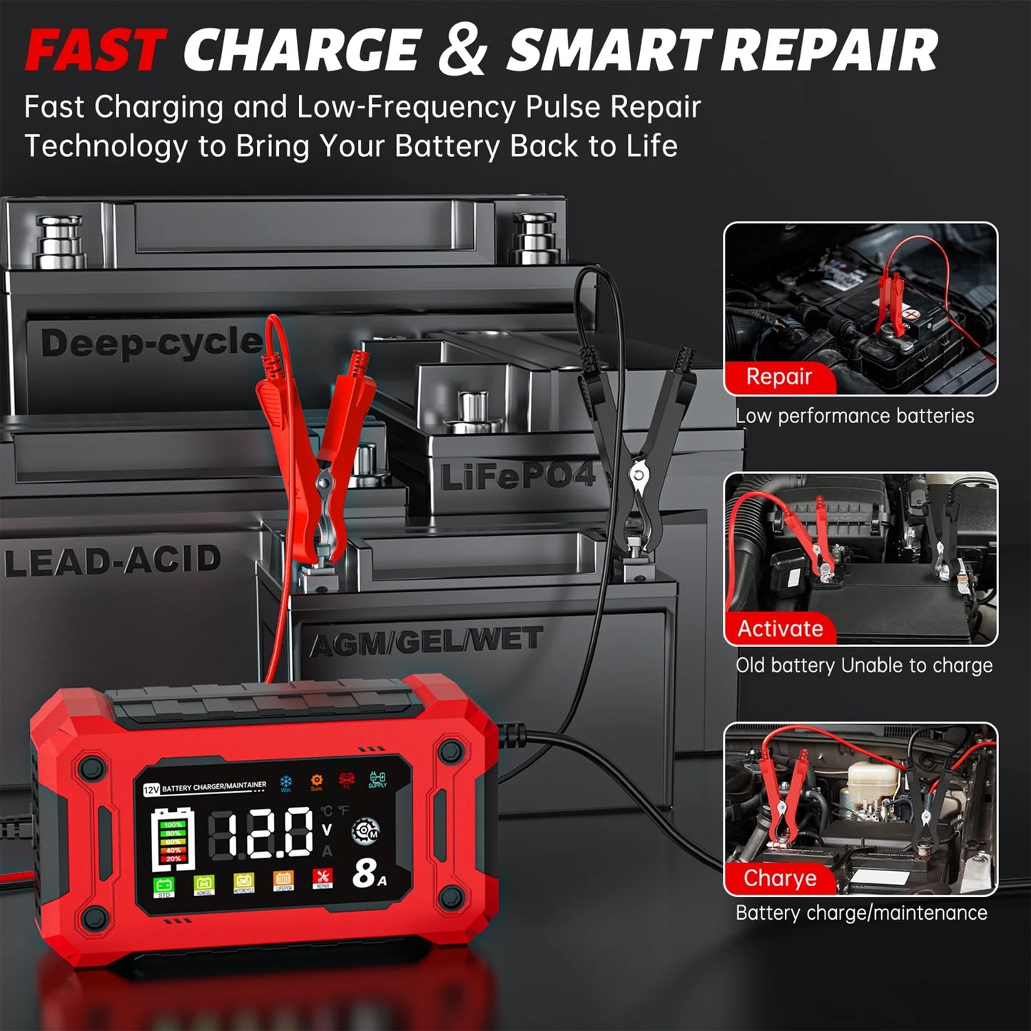 Car Battery Charger, Colorful 12V 8A Smart Battery Trickle Charger Automotive 12V Battery Maintainer Desulfator with Temperature Compensation for Car Truck Motorcycle Lawn Mower Marine