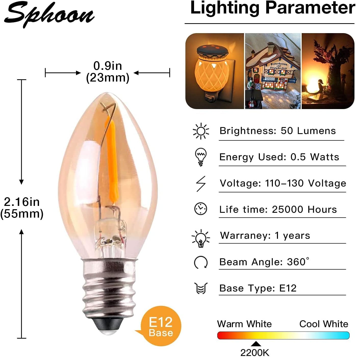 C7 LED Night Light Bulb, Classical Edison Style E12 Candle Base, 0.5 Watts LED Filament Bulb, Sign Light Replacement Bulb, 4W 5W Equivalent, Ultra Warm White 2200K Amber Glass, 50Lm, Pack of 2