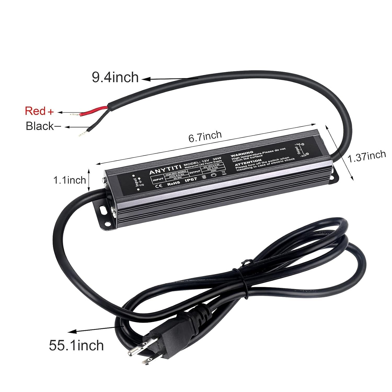 LED Driver,Led Power Supply IP67 Waterproof Output 30W DC12V 2.5A 3-Prong Plug 4.5Feet (12V 30W)