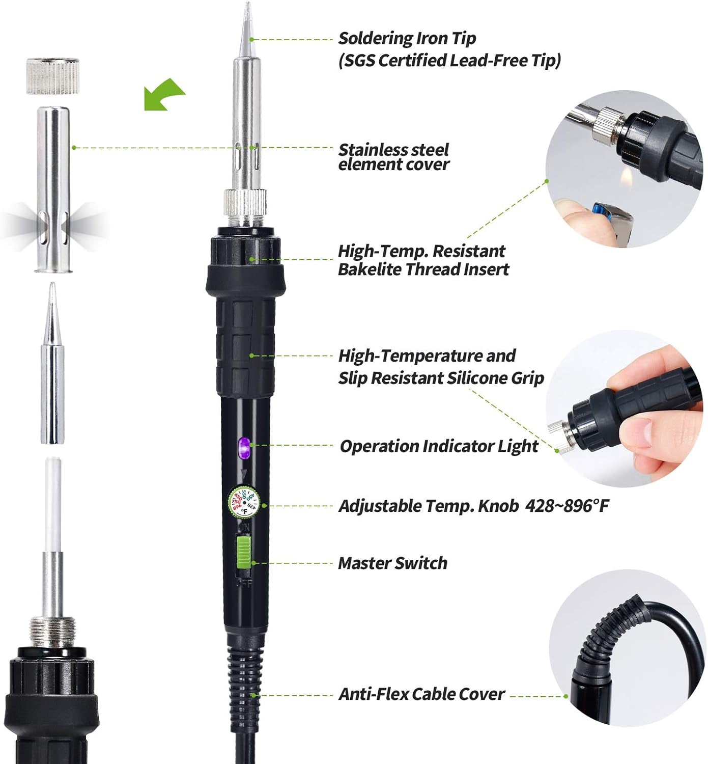 947-III Soldering Iron Kit with Temperature Stabilization, On-Off Switch: 60W Portable Soldering Iron Kit with Soldering Iron Holder, Tip Cleaner, Cleaning Sponge, 110V US Plug