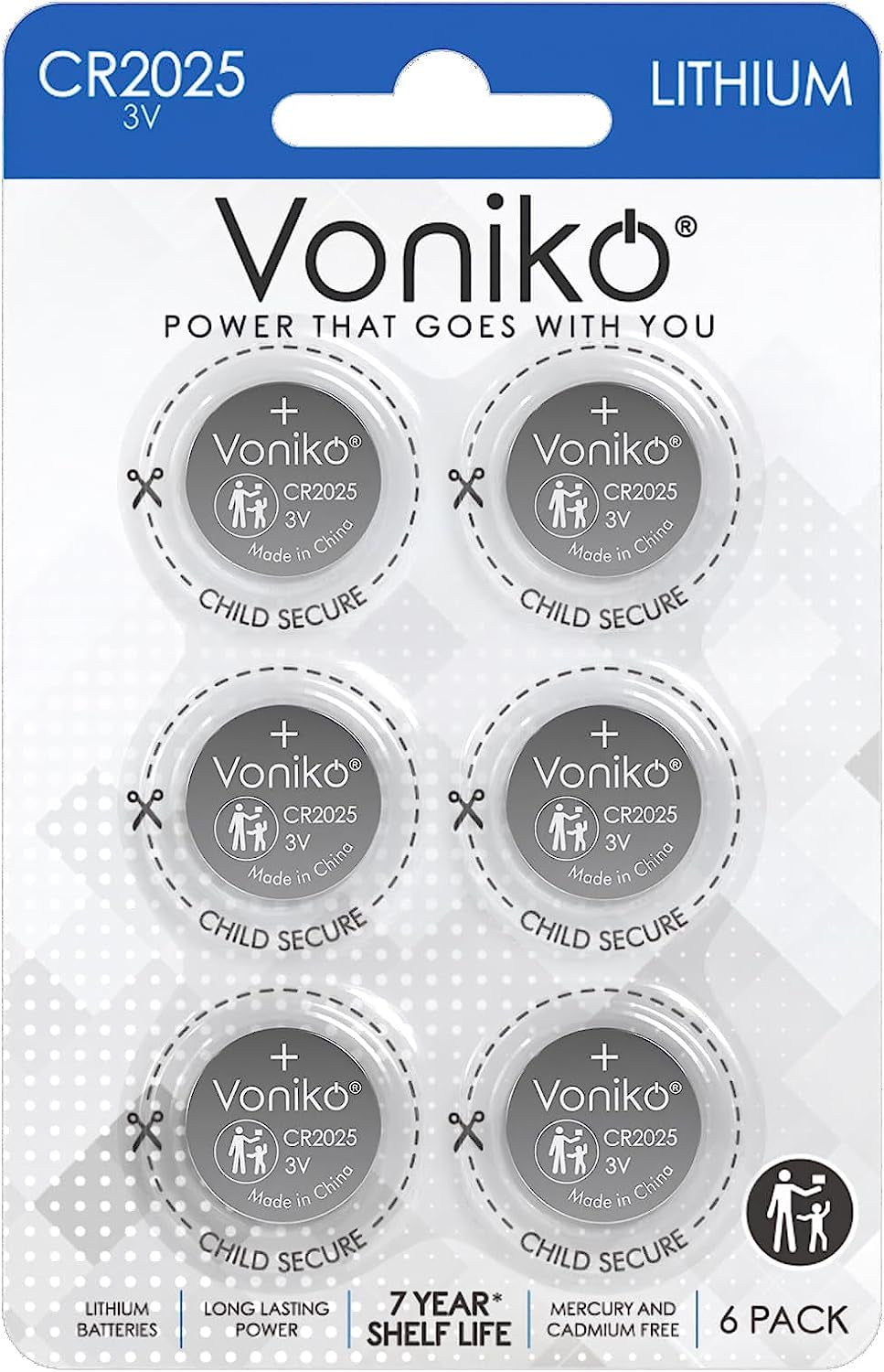 3 Volt CR2025 Battery 6 Pack – CR 2025 Button Cell Battery – 2025 Lithium Coin Batteries, 7 Years Shelf Life