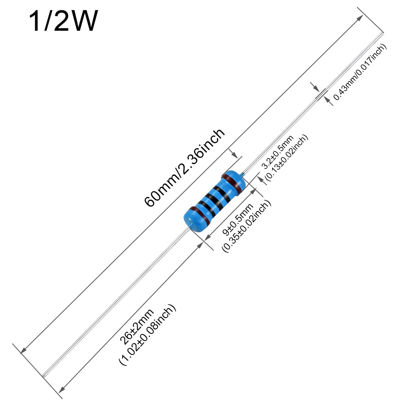 100Pcs 4.3K Ohm Resistor 1/2W (0.5Watt) ±1% Tolerance Metal Film Fixed Resistor, Multiple Values of Resistance Optional