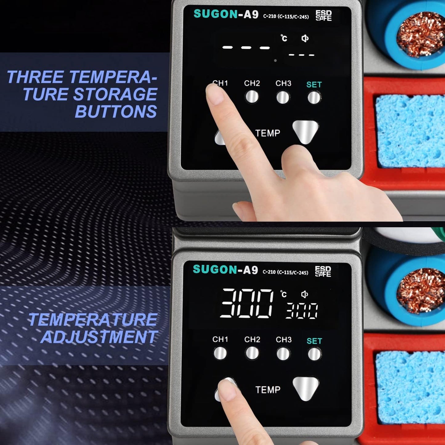 A9 Precision Soldering Station, Fast Heating to 716°F in 2 Seconds, 120W Soldering Iron Station Kit with 6 Soldering Iron Tip, 3 Preset Temperature，212-842℉, ℃/℉，Soldering Iron Replacement Rack